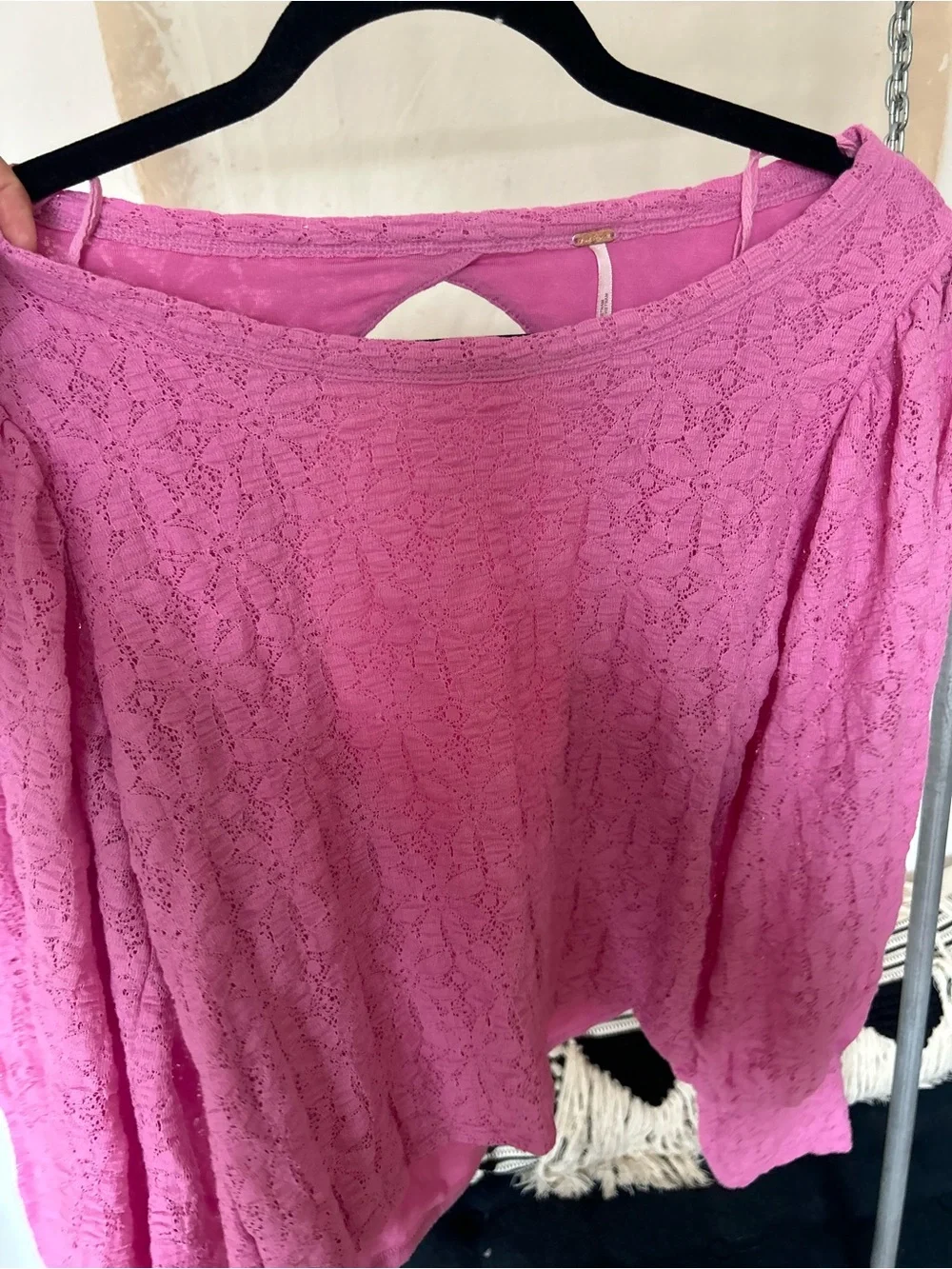 Free People Pink Lace Long-Sleeve puff Blouse